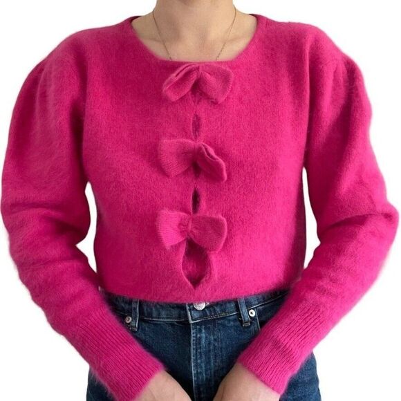 Vintage 80s Womens Hot Pink Angora Blend Bow Preppy Soft Sexy Fluffy Sweater - Picture 1 of 10